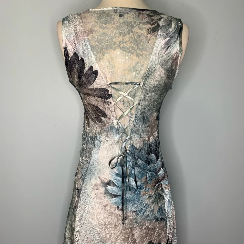 Komarov Charmeuse V-Neck Lace Up Back Crinkle Stretch Blue Floral Maxi Dress M - Picture 7 of 16